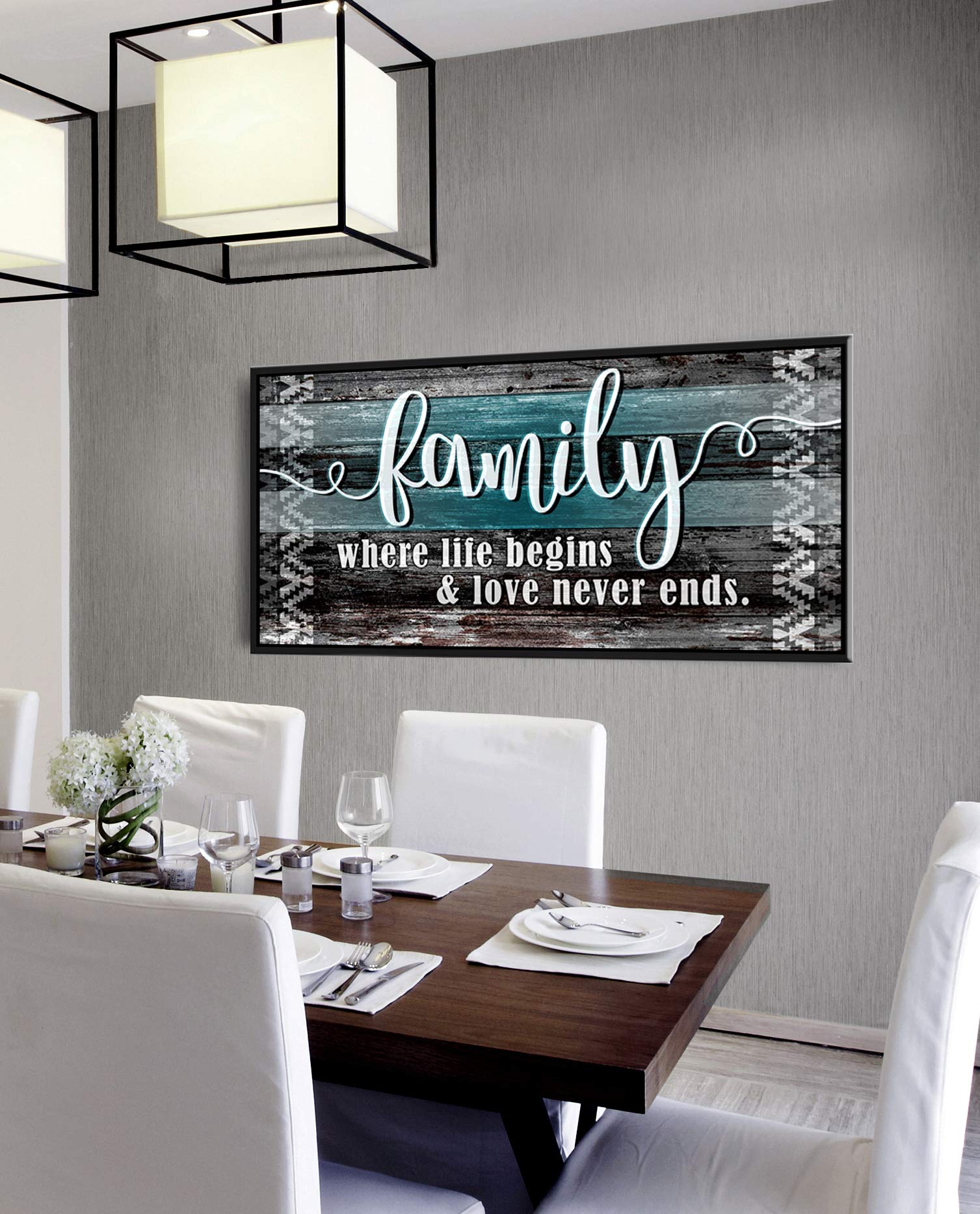 Farmhouse Family Sign Wall Decor - 'Family Where Life Begins' Rustic Hanging Art with Teal & Black Floating Frame (42x19) - Perfect for Living Room, Bedroom or Entryway Home Decor