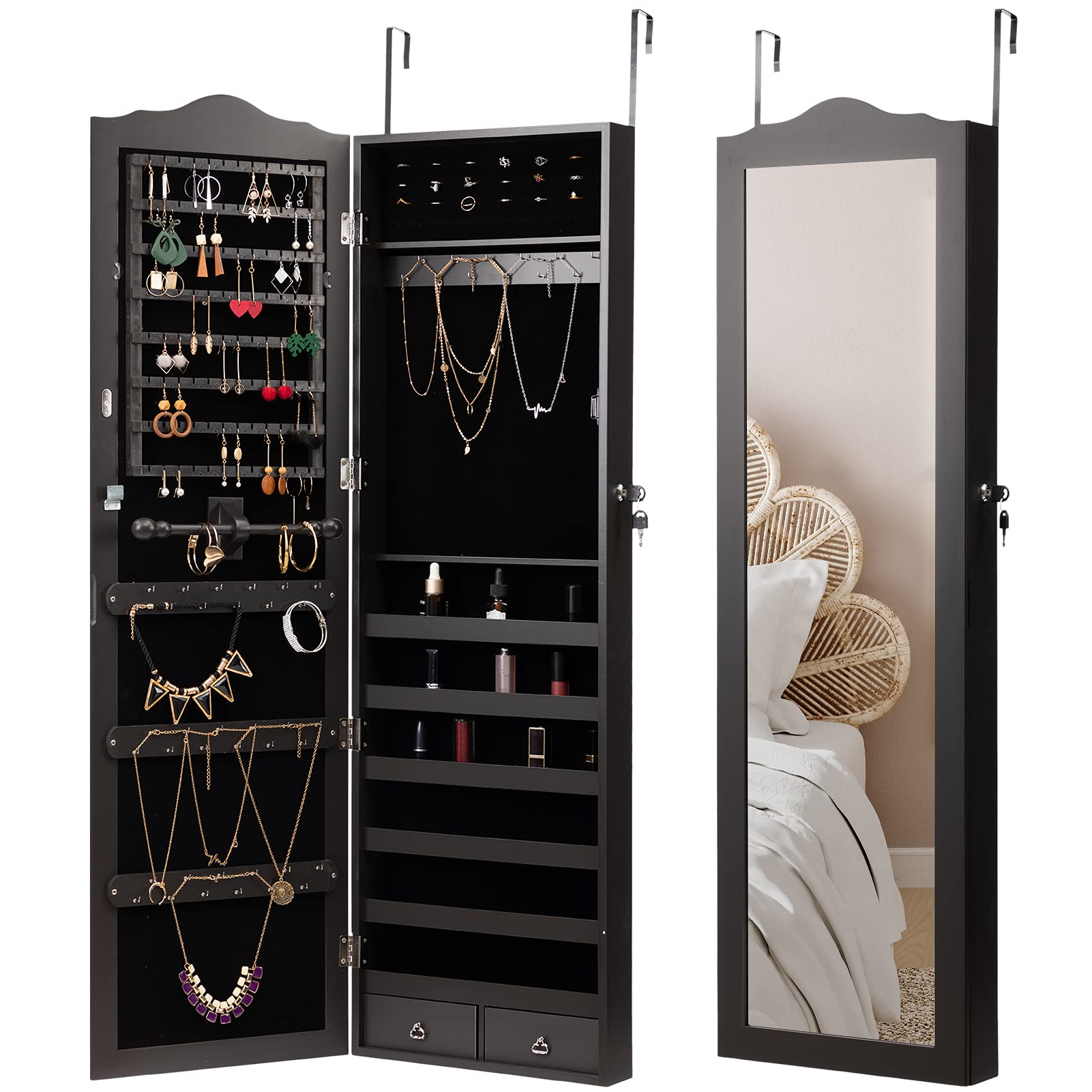Marble Field Jewelry Cabinet with Full Length Mirror - Lockable Wall Mounted Jewelry Armoire Organizer with 2 Drawers, Black - Perfect for Bedroom Closet Organization & Jewelry Storage