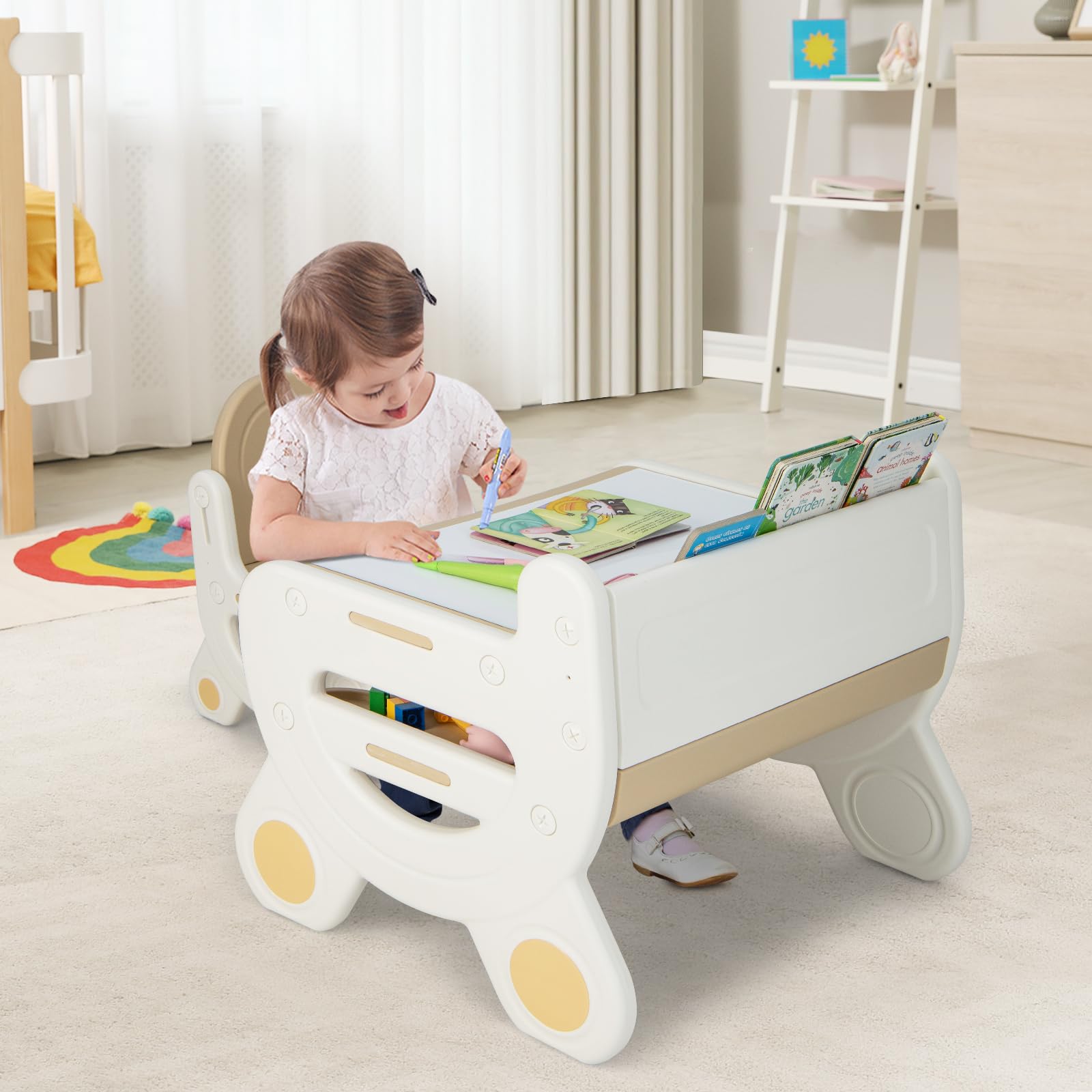 Costzon Kids Table and Chair Set - Plastic Activity Table with Watercolor Pens, Blackboard Eraser & Storage Shelf for Drawing, Reading, Playing & Eating - Toddler Table and Chair Set (Coffee) - Perfect for Preschool Learning, Arts & Crafts, and Playroom Activities