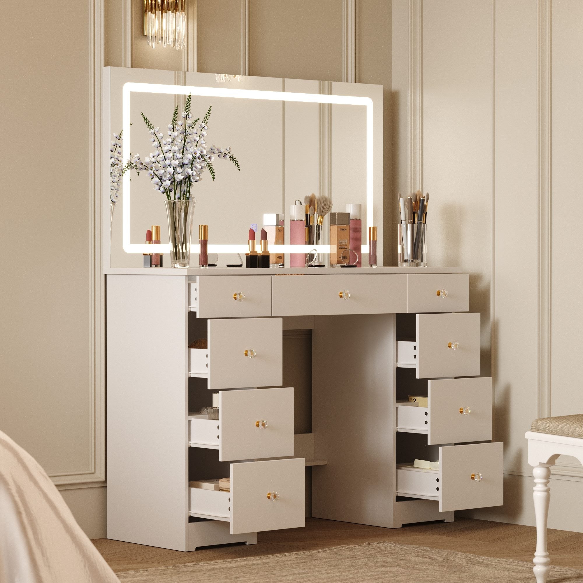 Modern LED Lighted Makeup Vanity with Glass Top - Stylish 9-Drawer Beauty Dressing Table for Bedroom, Salon & Home Decor