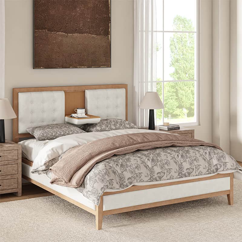 Sabina Upholstered Platform Bed with Adjustable Headboard - Solid Wood Frame Queen Size Bed - Perfect for Modern Bedroom, Guest Room & Master Suite