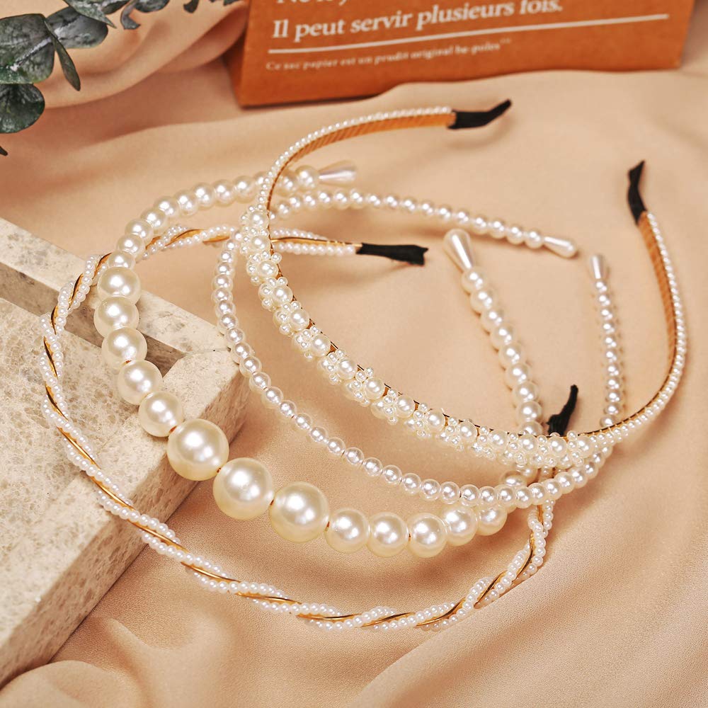 BEAYFILY 4 Pack White Pearl Headbands for Women - Elegant Rhinestone Bridal Hair Accessories, Wedding Party Hair Hoops for Girls & Women | Perfect for Bridal Showers, Prom, and Special Occasions