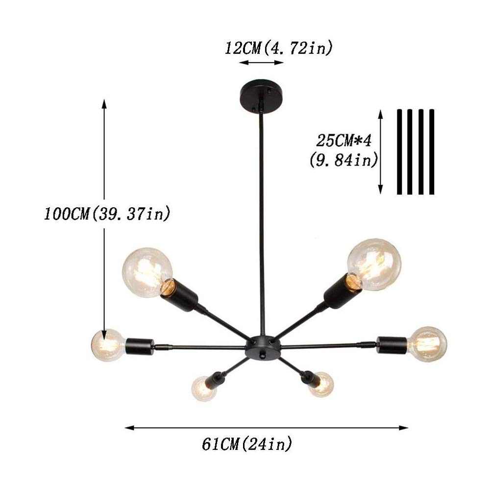 Farmhouse Chandelier 6-Light Black Industrial Ceiling Light - Semi-Recessed Wall Mounted Fixture for Dining Room, Bedroom & Hotel Decor - Modern Rustic Lighting for Home & Commercial Spaces