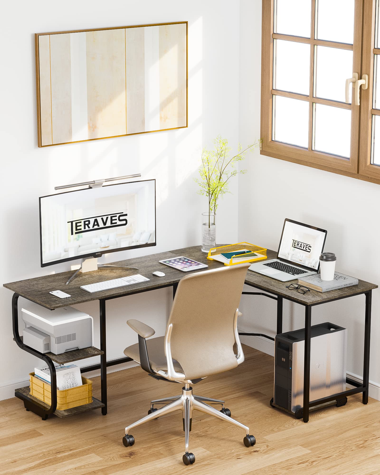 Teraves 69 Inch Reversible L-Shaped Desk with Large Surface & Storage Shelves - Sturdy Corner Computer Desk for Home Office, Gaming & Workstation | Perfect for Small Spaces & Multi-Monitor Setups