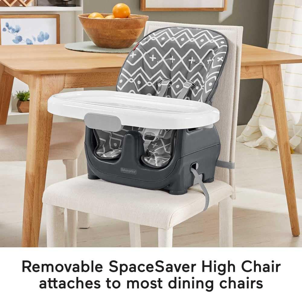 Fisher-Price Deluxe High Chair & Portable Booster Seat with Washable Tray Liner & Seat Pad - Gray Tribal Design | Convertible Baby to Toddler Feeding Chair for Home & Travel Use