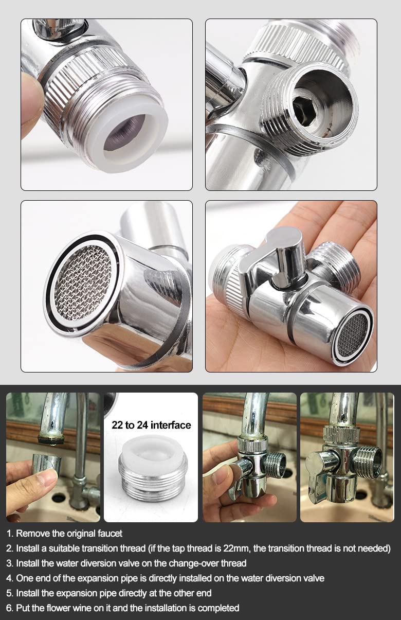**BRASS Sink Valve Diverter Faucet Splitter - M22 x M24 Thread, Polished Chrome, PV10 - Replacement Part for Kitchen & Bathroom Sink Faucets, Faucet to Hose Adapter - Perfect for Water Filtration, Garden Hose, and Multi-Tap Installations**
