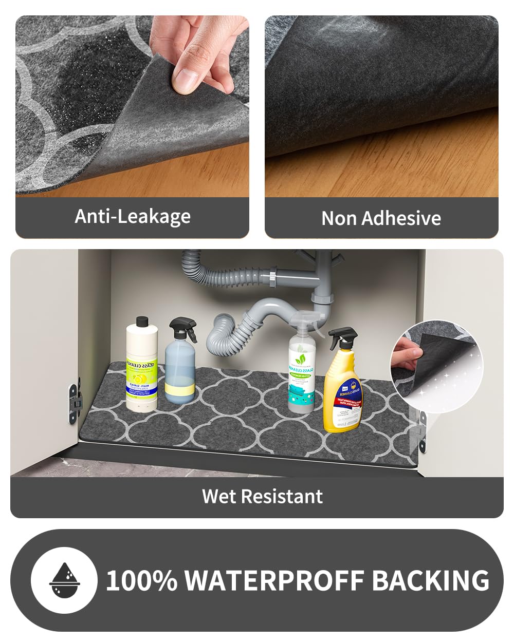 COCOER Absorbent Under Sink Mat - 100% Waterproof Backing, Non-Adhesive Kitchen & Bathroom Sink Liner (22