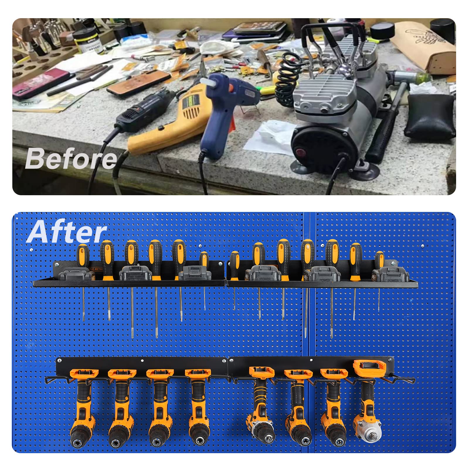 Heavy Duty Metal Power Tool Organizer with Charging Station - Wall Mount Drill Holder & Garage Storage Shelves (2-Pack 4-Set, Black) - Perfect for Workshop, Garage & DIY Projects