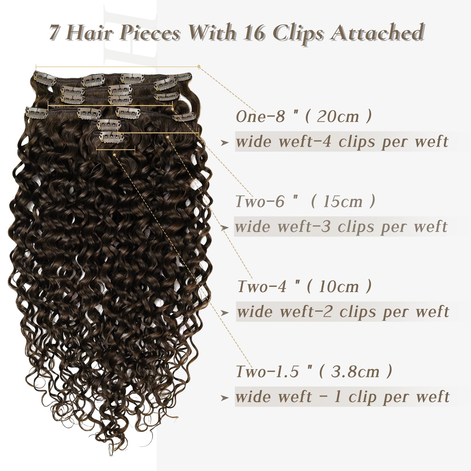 7pcs Curly Human Hair Clip-in Extensions with 16 Clips - 120g Soft Thick Wavy Real Human Hair in Dark Brown #2 for Volume & Length - Perfect for Parties, Weddings & Daily Styling
