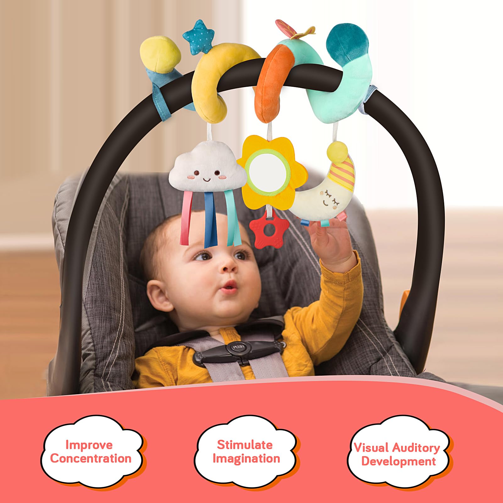 Best Baby Toys 0-12 Months - Soft Car Seat & Stroller Toys with Rattles, Jingle Mirror & Teether for Newborns & Infants | Crib Mobile, Bassinet & Travel Essentials for Boys & Girls - Perfect for Soothing, Sensory Play & Early Development