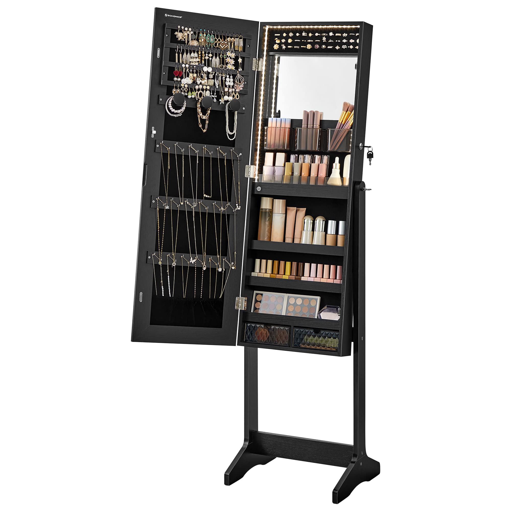 SONGMICS Full-Length LED Jewelry Cabinet with Mirror - Black Standing Armoire Organizer with 2 Drawers, Lockable Storage & Built-In Makeup Mirror | Perfect for Bedroom, Dressing Room & Closet Organization