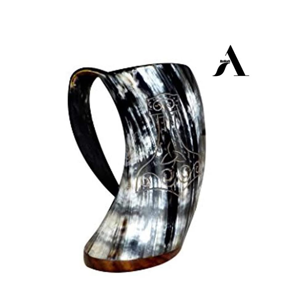 AnNafi® Authentic Viking Drinking Horn Set of 4 - Handcrafted Natural Horn Tankards for Beer, Wine & Mead - Game of Thrones Inspired Collection with Thor's Hammer Design - Perfect for Medieval Parties, Viking Themed Events & Home Decor