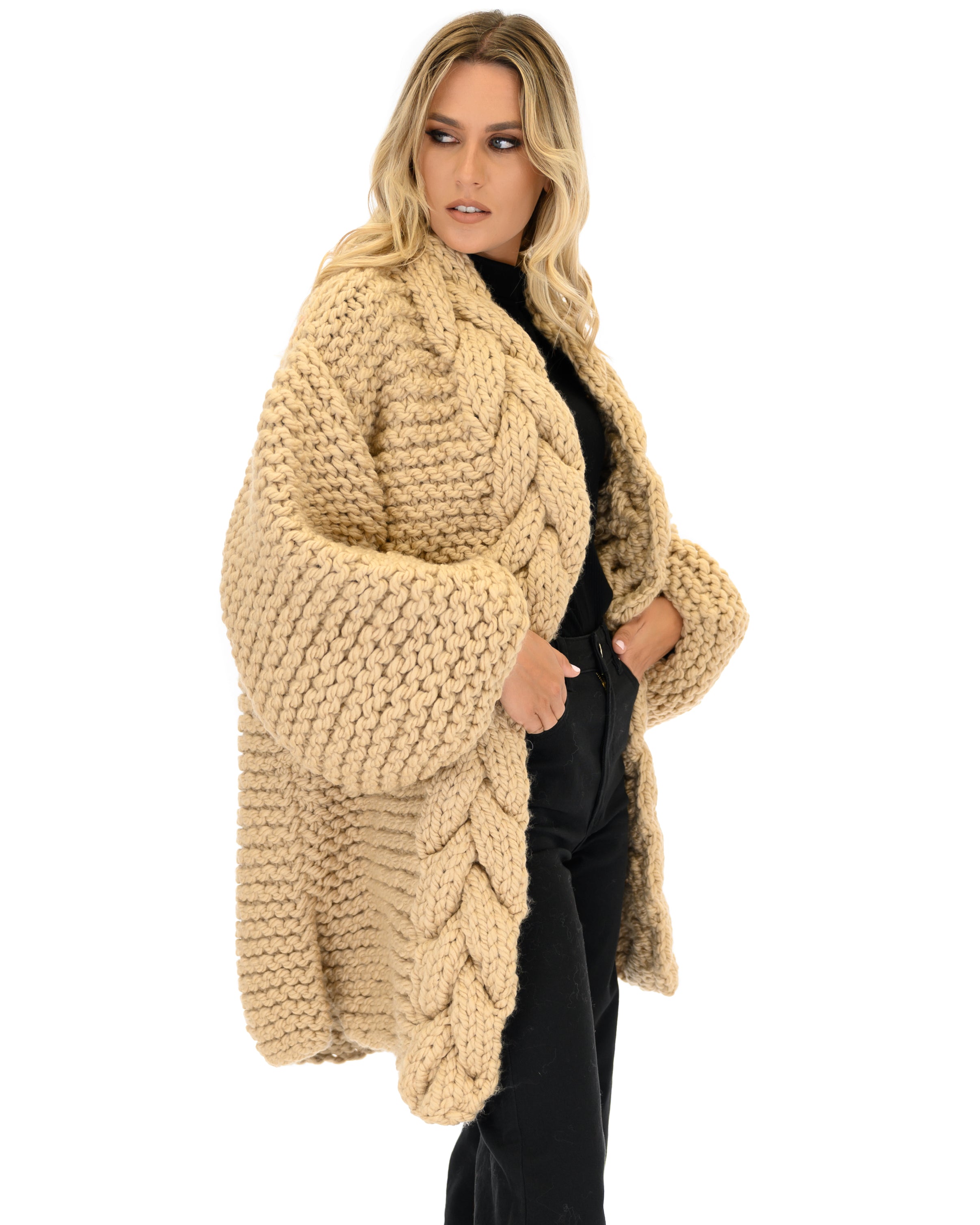 Women's Cable Knit Coat - Soft Wool Winter Jacket for Ladies - Perfect for Cold Weather, Office Wear & Casual Outfits