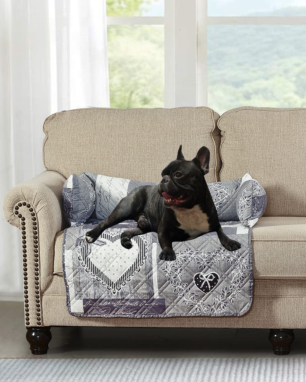 Quilted Calming Dog Bed Mat with Removable Washable Cover - Soft Cushion Protector & Couch Cover for Dogs, Cats & Pets (Medium Size, Grey Heart Patchwork) - Perfect for Anxiety Relief & Cozy Napping at Home