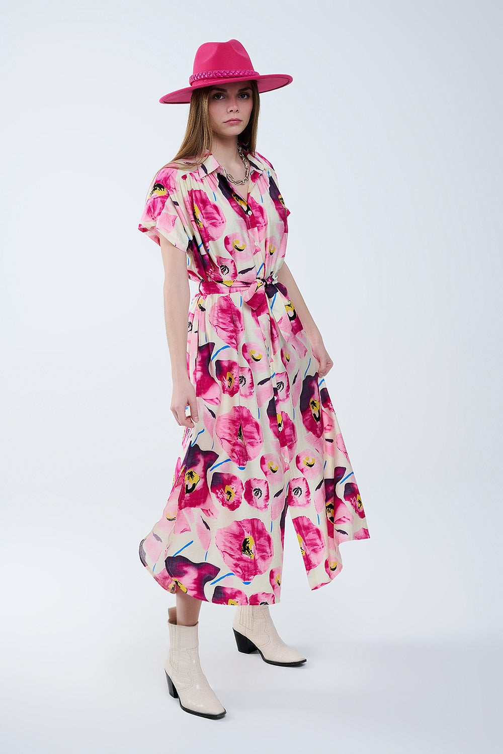 Fuchsia Floral Print Button Down Shirt Dress - Women's Casual Summer Dress for Beach, Vacation & Lounge Wear