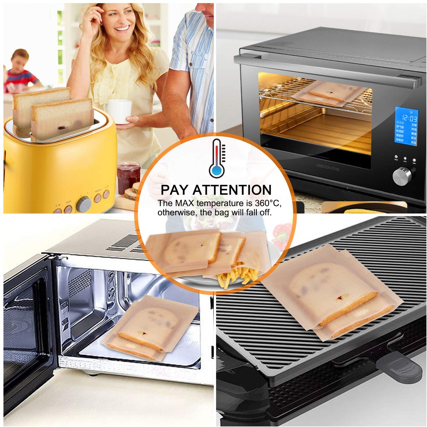 Samshow 10-Pack Non-Stick Heat Resistant Reusable Toaster Sandwich Bags - Gluten Free Oven Safe Pastry Bags for Grilled Cheese, Picnics & Baking (Wood Color) - Perfect for Home, Camping & Outdoor Cooking