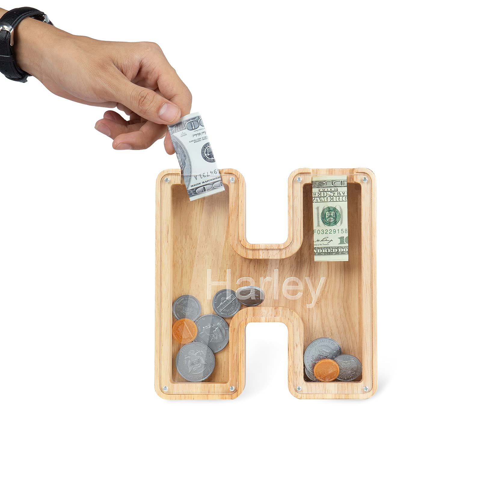 Personalized Wooden Money Bank - Custom 26 Letter Piggy Bank for Kids, Coin Saving Box with Lid, Money Jar for Birthday Gifts & Home Decor - Perfect for Piggy Bank Savings, Kids' Allowance Tracking, and Nursery Room Decorations