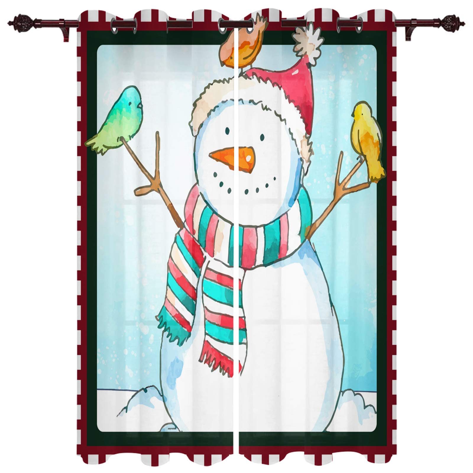 Winter Snowman with Birds Grommet Top Window Curtain Panel Pair - Plaid Border Decor for Bedroom, Living Room, Kitchen, Office, and Seasonal Holiday Home Styling
