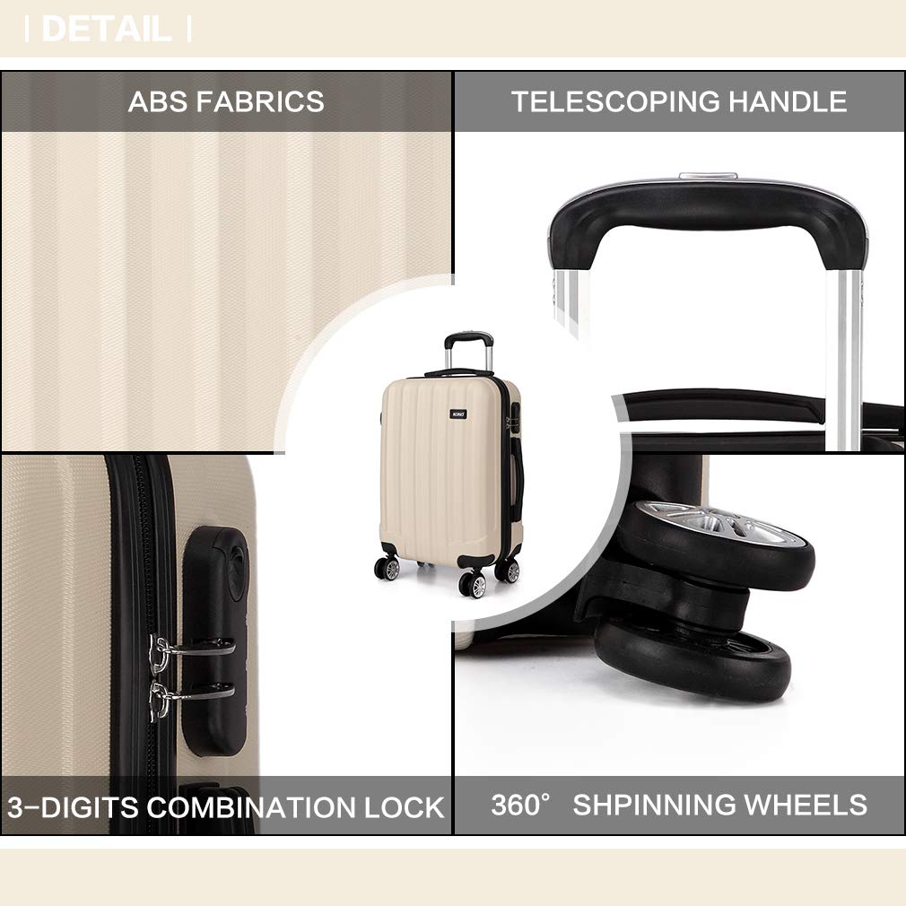 Kono 20 Inch Carry-On Luggage - Ultra Lightweight ABS Hard Shell Cabin Suitcase with 360° Spinner Wheels, TSA Lock & Expandable Design (Beige) - Perfect for Business Travel, Weekend Getaways & Airplane Cabin Use