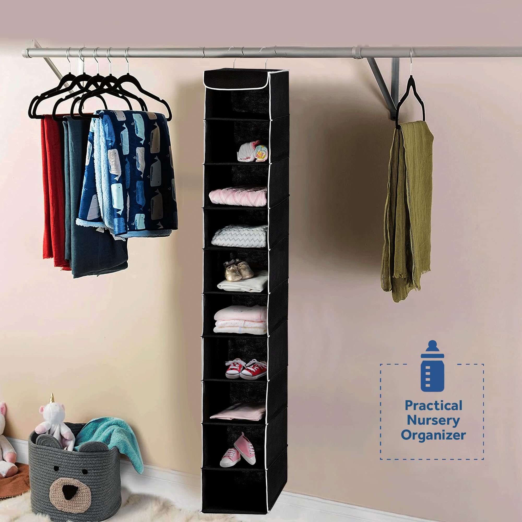 ZOBER 10-Shelf Hanging Closet Organizer - Space Saving Storage for Clothes, Towels, Toys - Perfect for Dorm Room, Nursery & Home Closet Organization - Ideal for Small Spaces & Wardrobe Storage Solutions