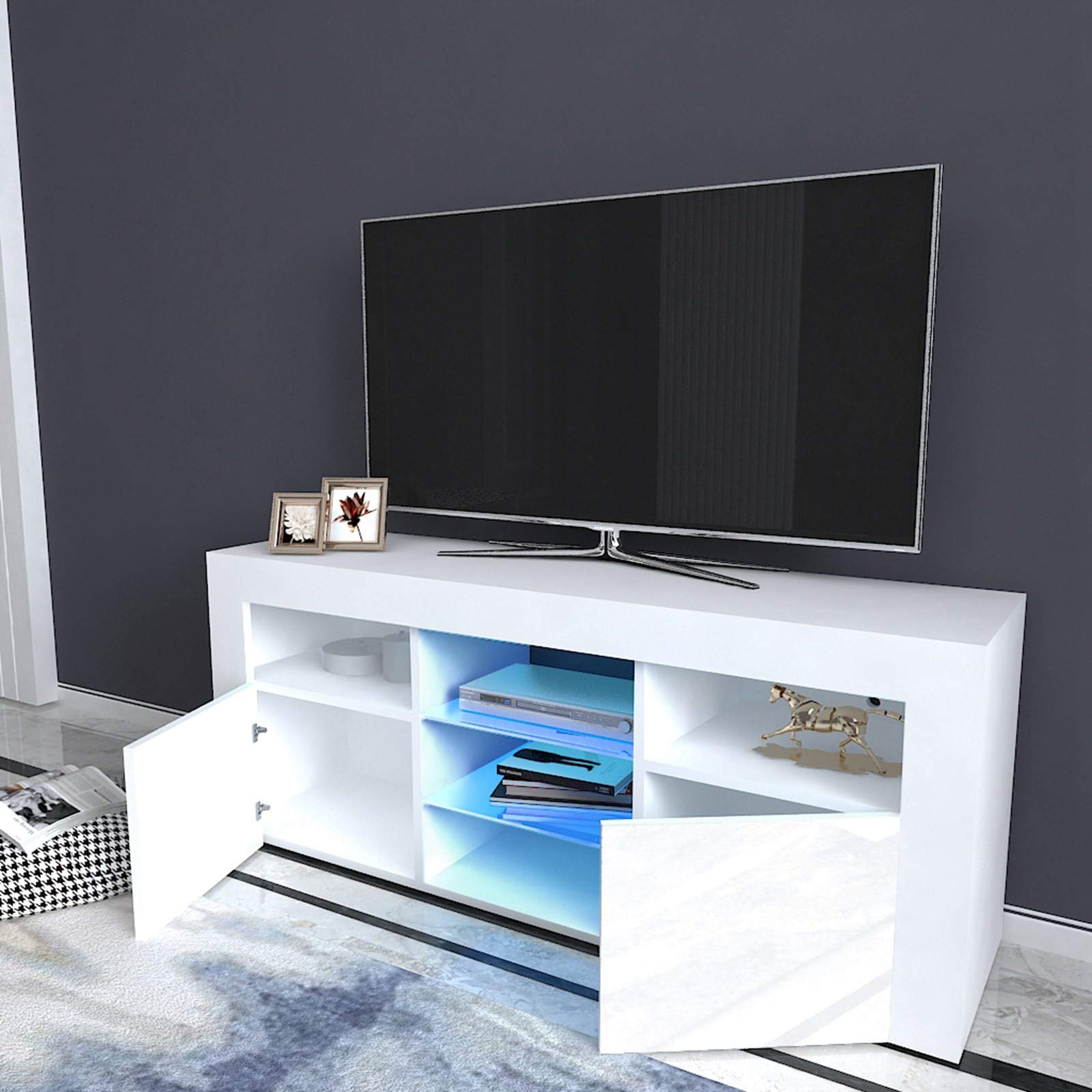 Modern High Gloss LED TV Stand with Blue LED Lights - 47.2