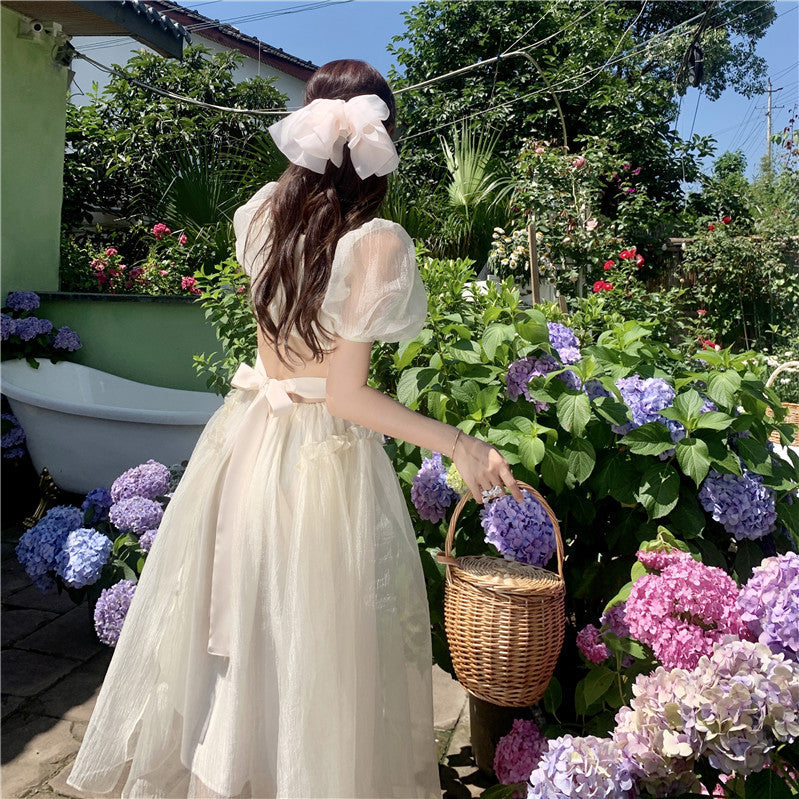 2023 New French Apricot Square Neck Puff Sleeve Dress - Elegant Fairy Princess Skirt for Girls | Perfect for Birthday Parties, Tea Parties & Special Occasions