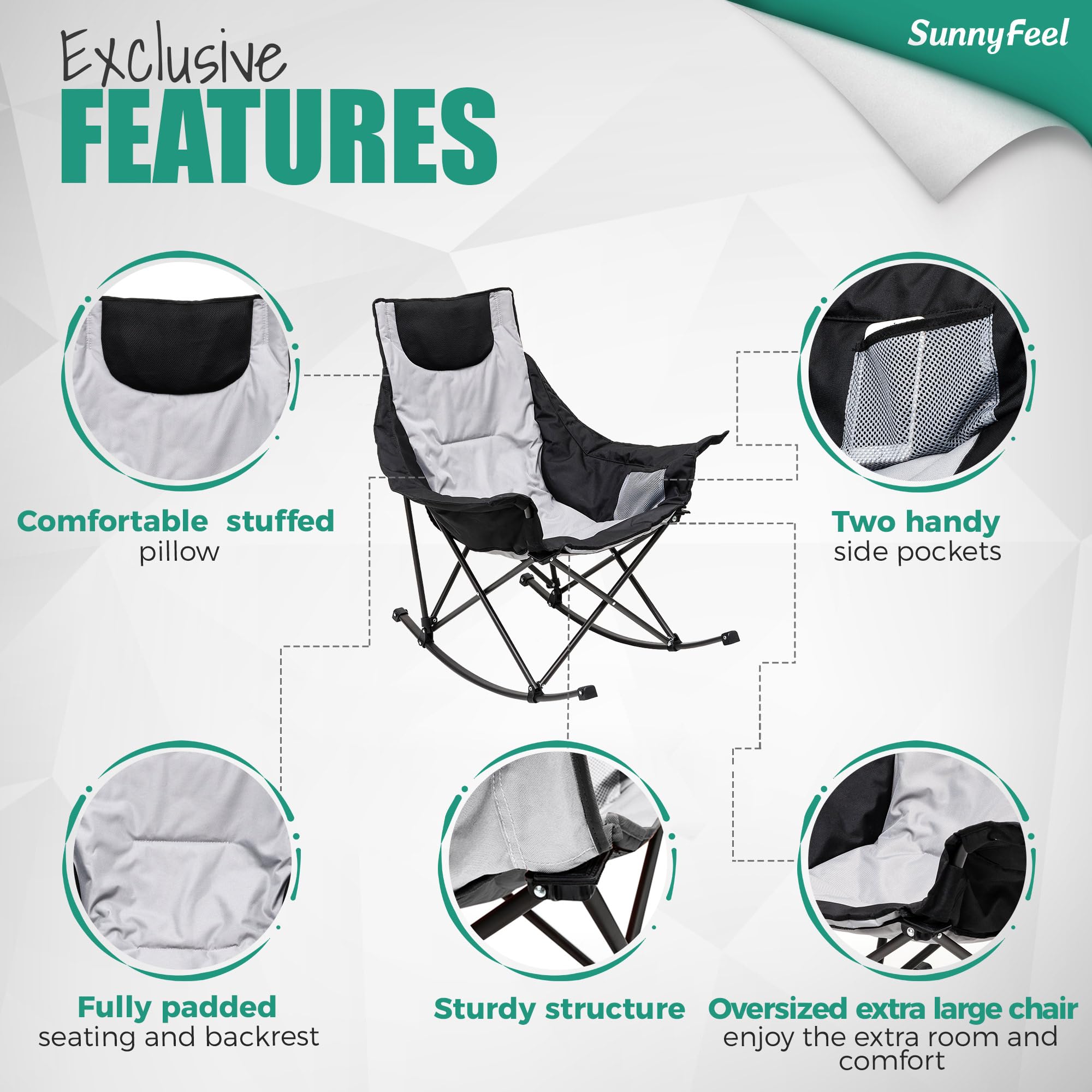 **SUNNYFEEL Oversized Rocking Camping Chair - Heavy Duty Padded Recliner with Pocket & Carry Bag - Portable Folding Lawn Chair for Outdoor, Picnic, Lounge, Patio - Perfect for Camping, Beach, Backyard Relaxation**