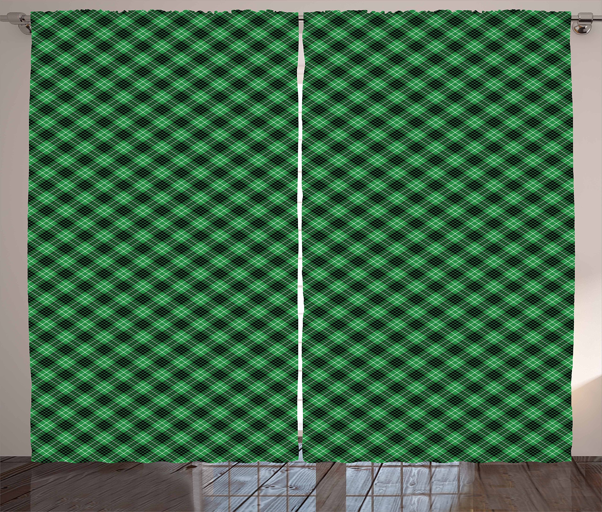 Ambesonne Plaid Curtains - Diagonal Tartan Geometric Design in Vibrant Green, Black & White Stripes - 2 Panel Set (108