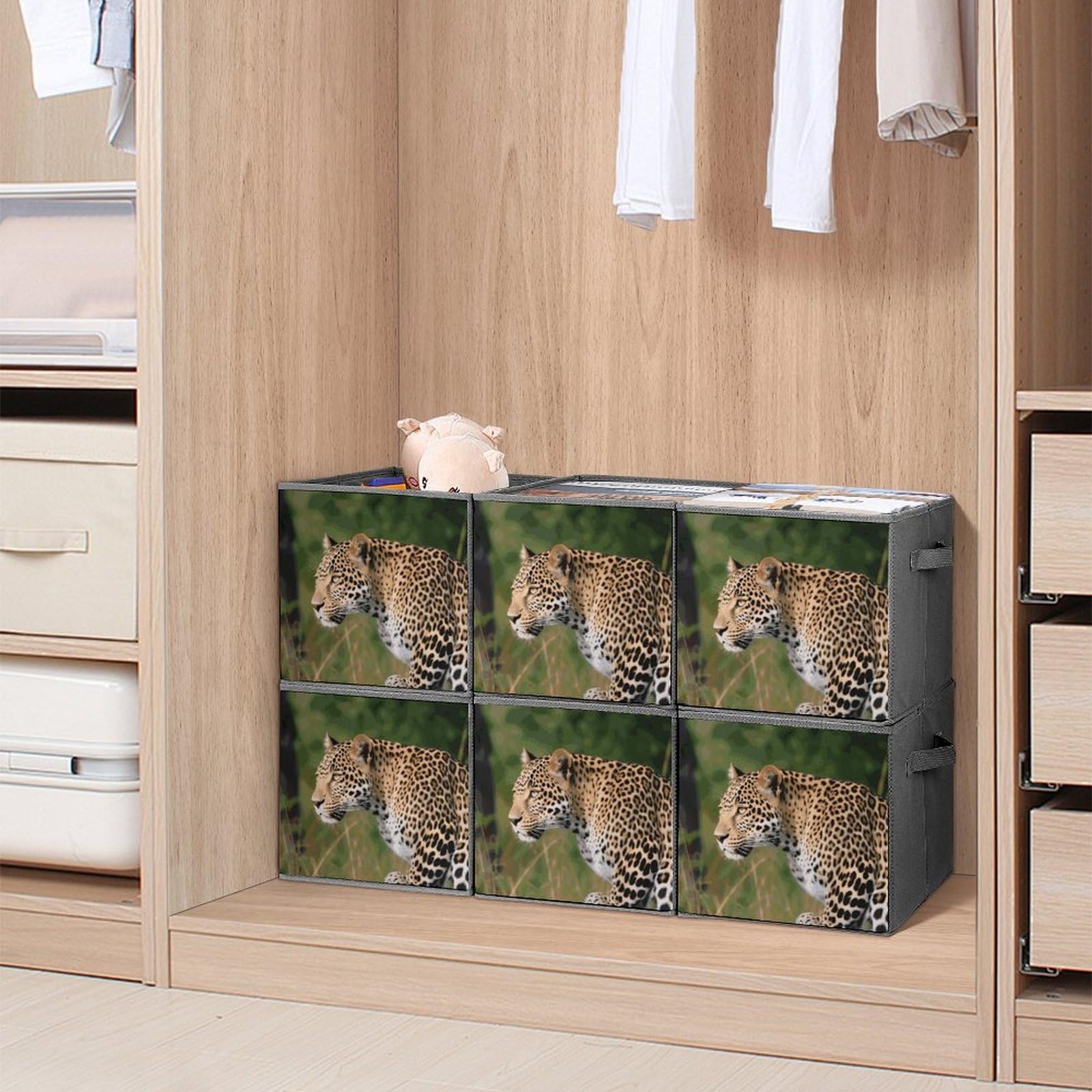 6-Piece Collapsible Storage Bins - African Leopard Print Foldable Storage Boxes with Handles for Home Organization, Closet, Shelves & Pantry | Space-Saving Household Storage Solution for Toys, Clothes & Kitchen Supplies