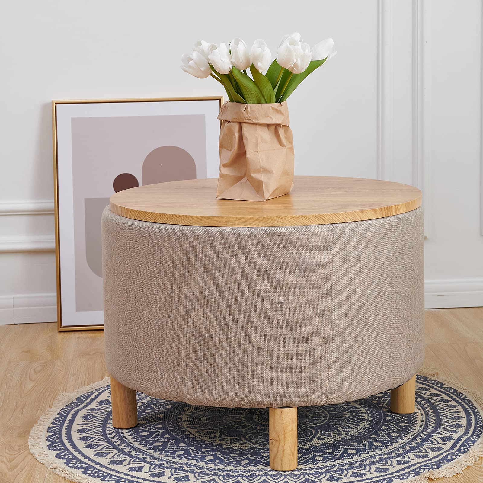 Modern Round Coffee Table with Storage - Solid Wood Legs, Removable Wooden Lid Tray - End Accent Table & Ottoman Side Table for Living Room, Bedroom, Office (Cream) | Perfect for Small Spaces, Coffee Lovers & Home Decor