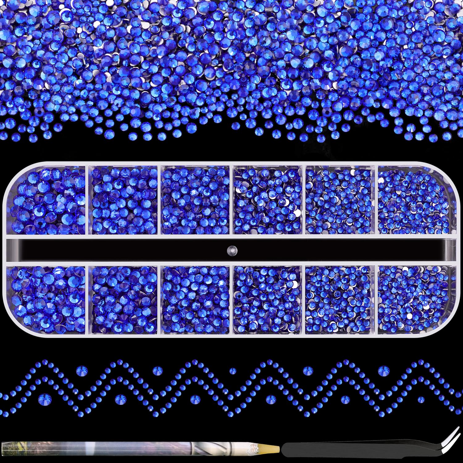 3600pcs Flatback Glass Rhinestones - 1.8mm/2mm/2.4mm/2.8mm/3mm/4mm Multi-Size Crystal Gems for Nail Art, Manicure & DIY Crafts (Royal Blue) - Includes Tweezer & Pickup Pencil - Perfect for Nail Salon, Home Decoration & Jewelry Making