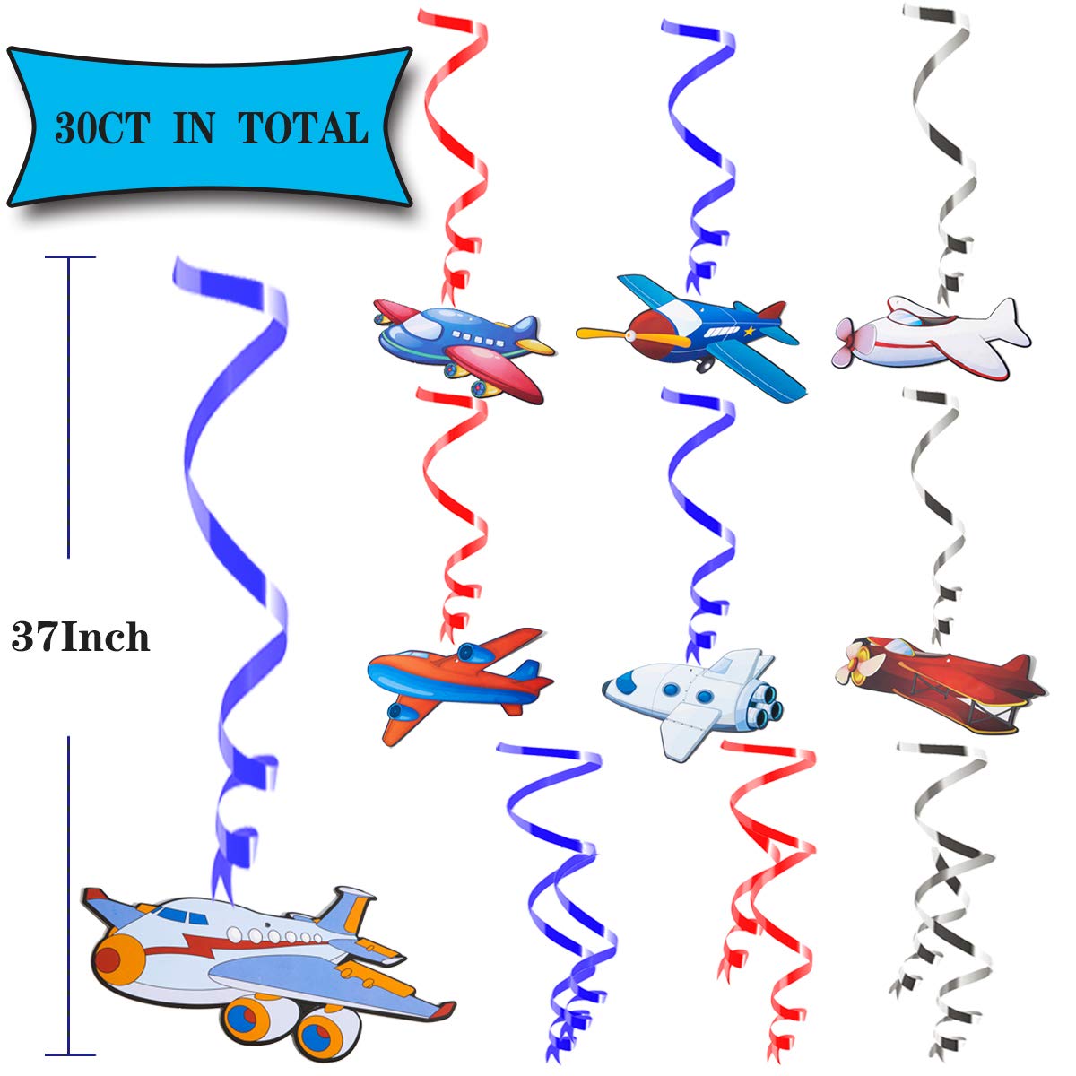 Silver Glitter Airplane Aviator Themed Birthday Party Decorations - 30ct Hanging Airplane Swirls, Foil Balloons & Happy Birthday Banner for Aviation Theme Parties | Perfect for Kids' Birthday, Baby Shower & Aviation Enthusiast Celebrations