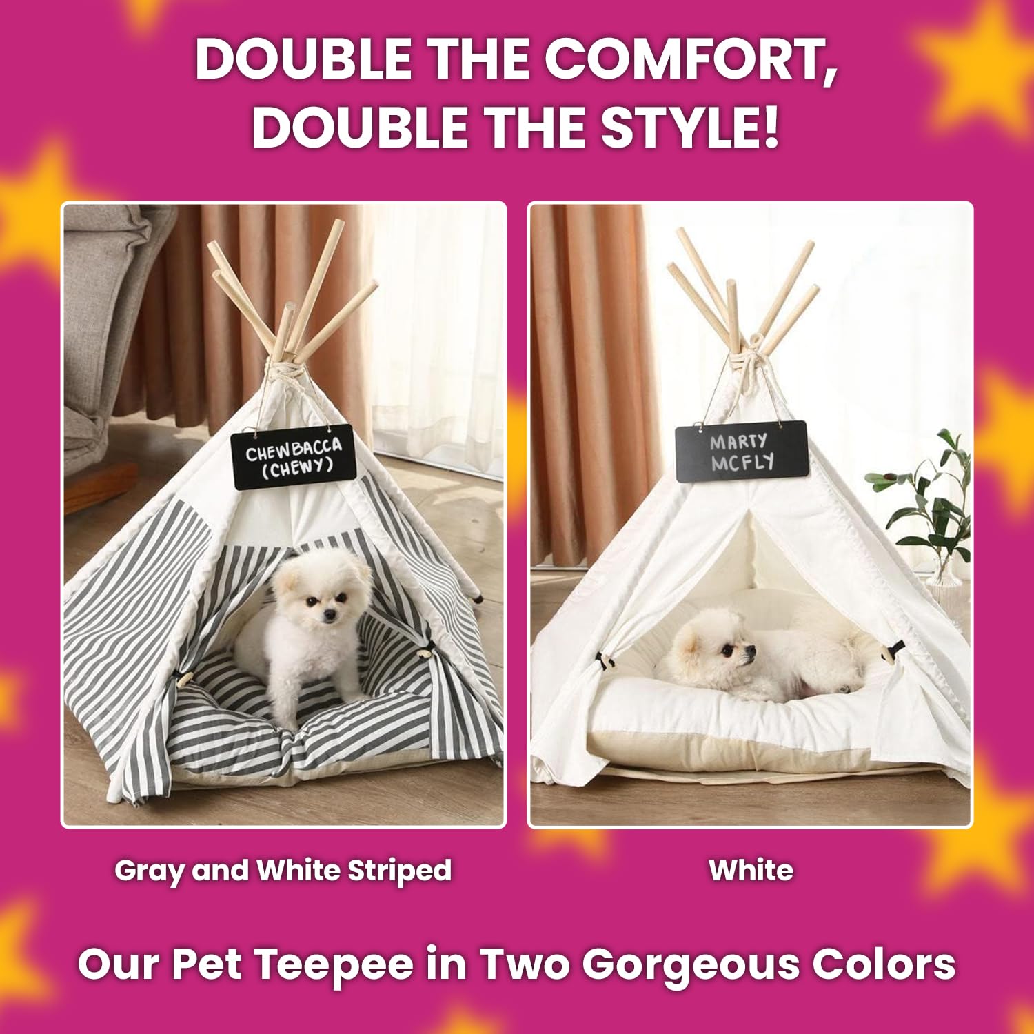 Cozy Dog Teepee Bed for Small Dogs & Pets - Washable Soft Cushion Pet Tent House for Indoor Cats, Puppies & Rabbits with Removable Bed & Name Sign (Grey White Striped) - Perfect for Home, Nursery & Pet Play Areas