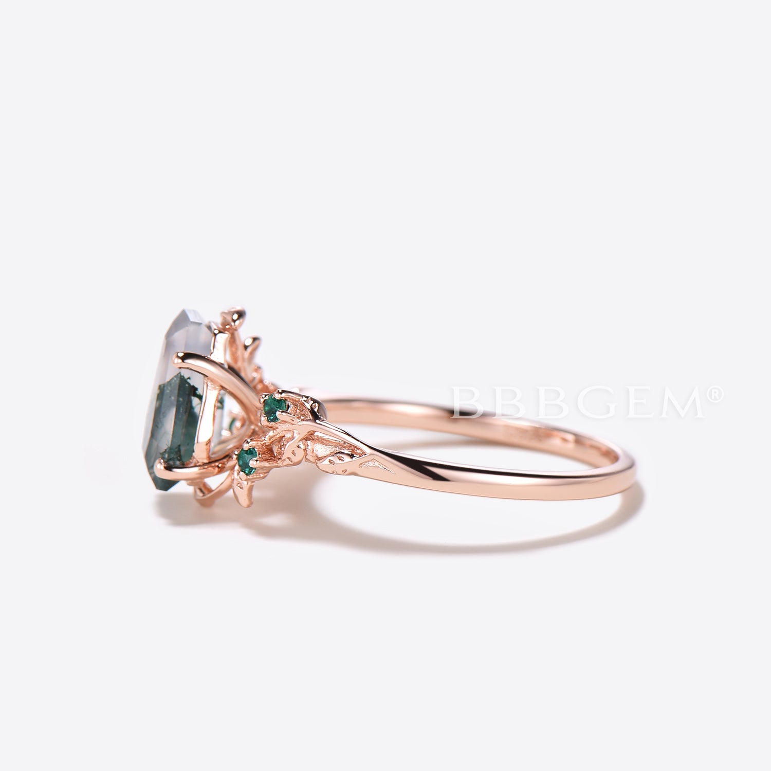 Twig Leaf Coffin Cut Moss Agate Engagement Ring - Nature Inspired Branch Wedding Band for Women, Perfect for Outdoor & Boho Chic Weddings
