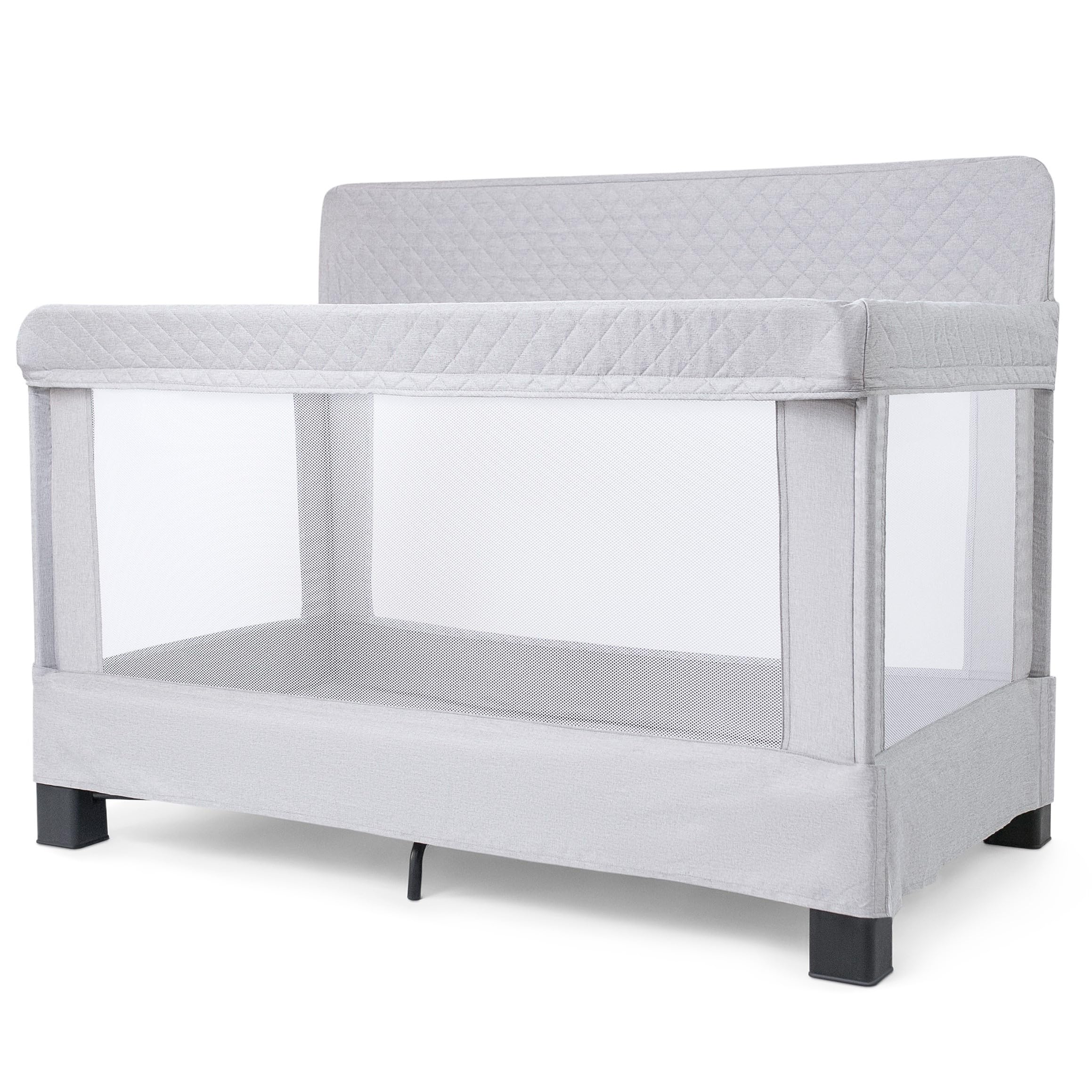 Baby Delight Horizon Full Size Crib with Breathable Mesh Walls - Tool-Free Assembly, Luxe Quilted Easy-Clean Fabric in Grey | Safe Nursery Bed for Newborns & Toddlers | Perfect for Daycare, Home Nursery & Travel