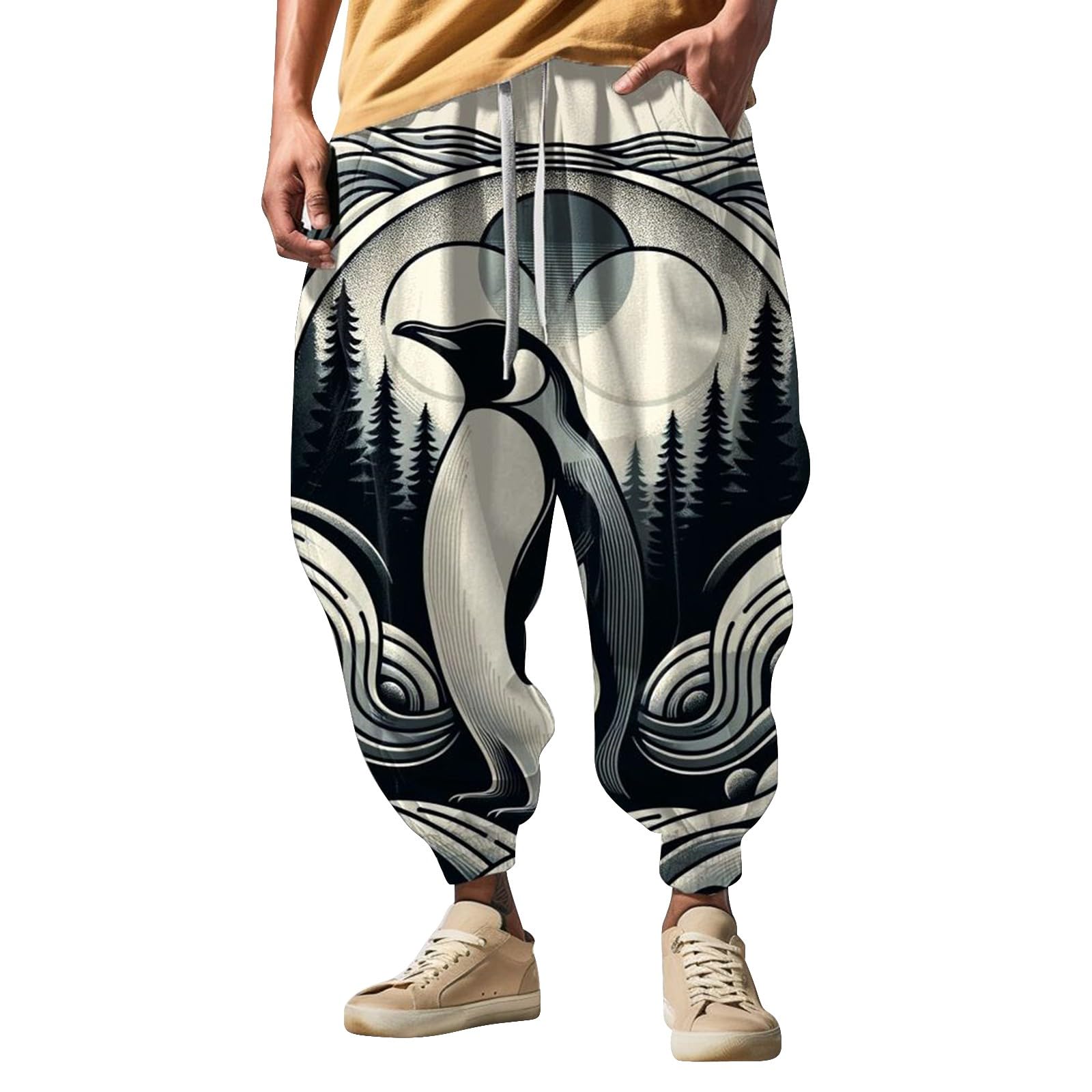 **Men's Hip Hop Harem Pants - Blue Cotton Linen Blend Joggers with 34