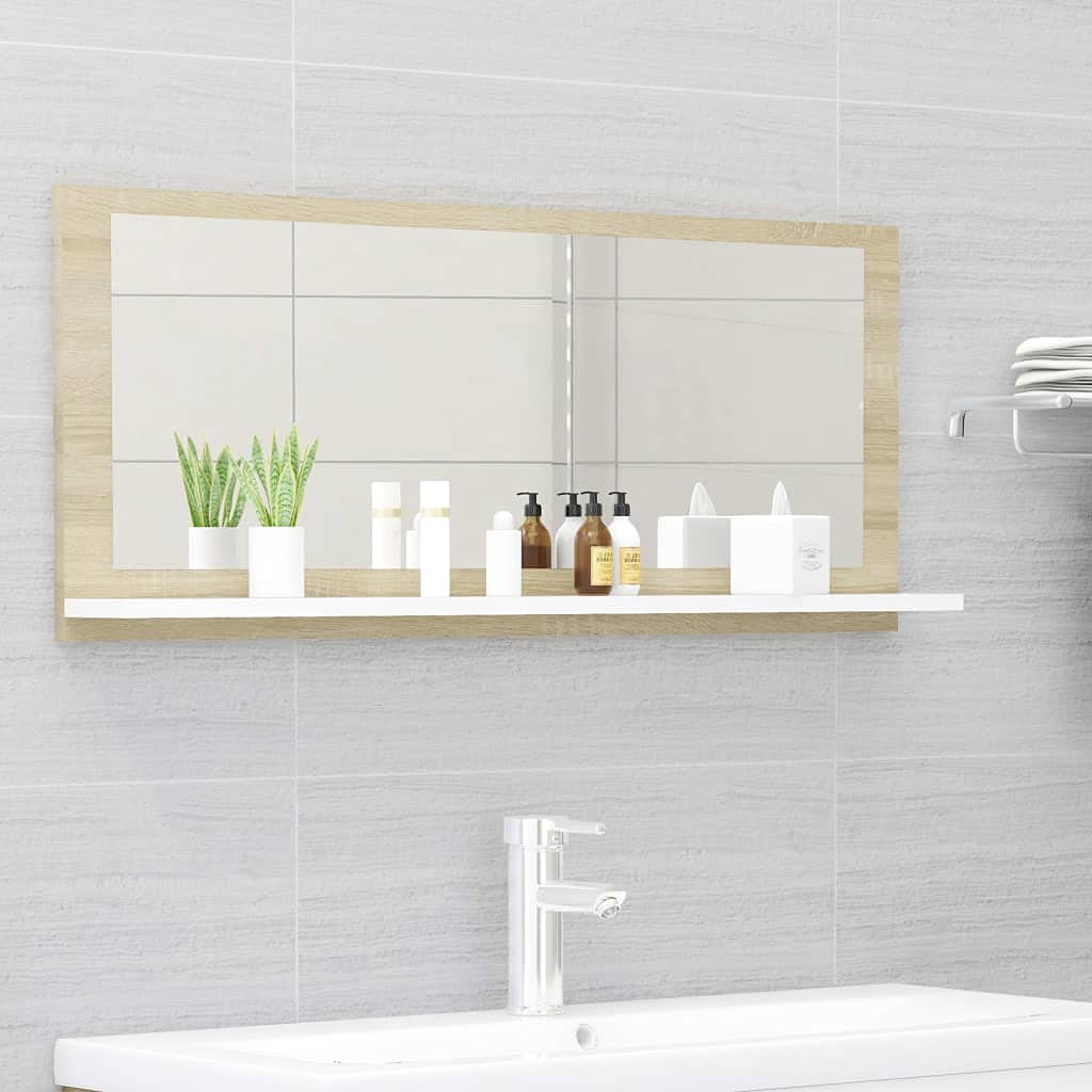 Modern Rectangle Wall Mirror - White & Sonoma Oak Bathroom Vanity Mirror 35.4x14.6 Inches - Chipboard Framed Wall-Mounted Mirror for Bathroom, Bedroom & Entryway Decor