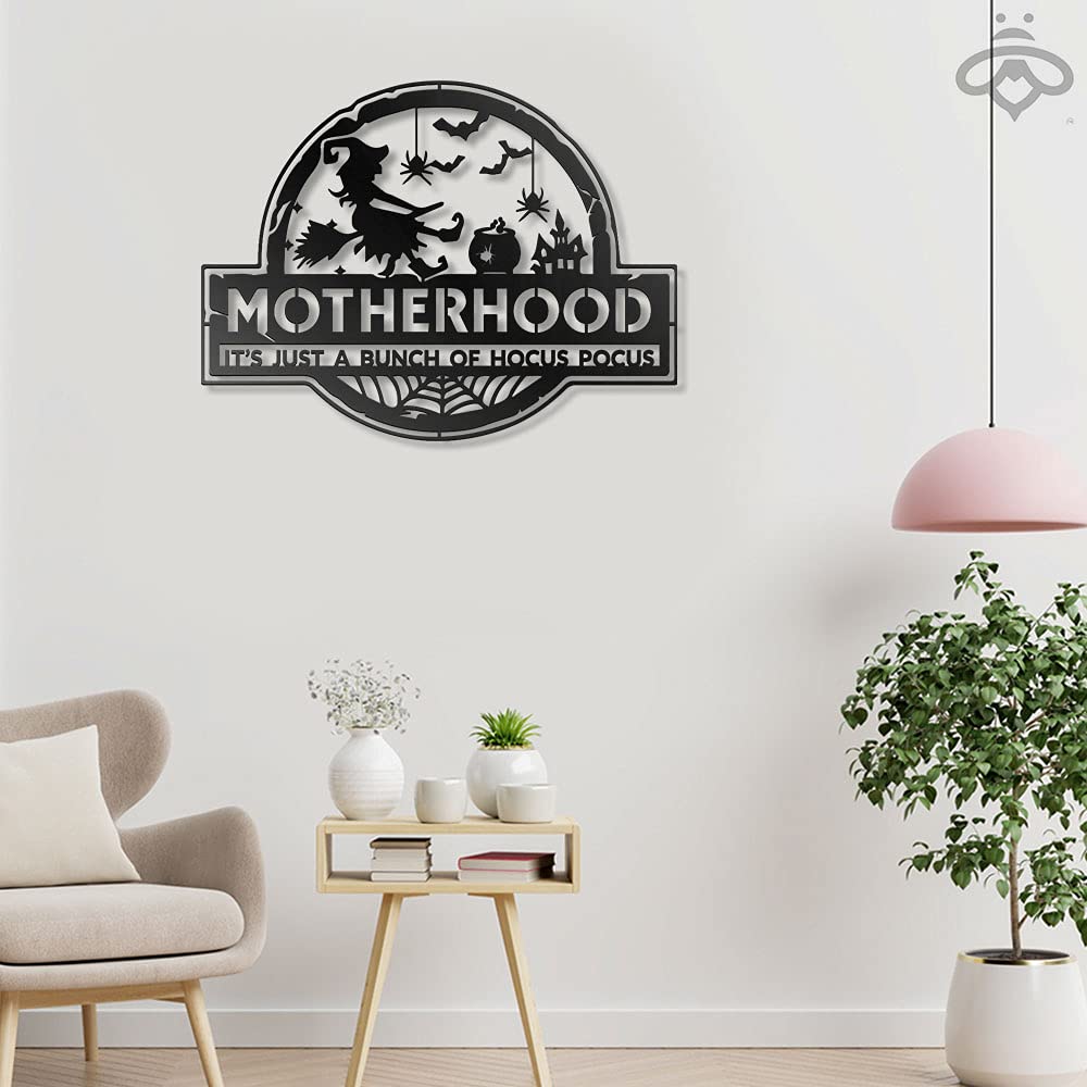 Witch Motherhood Just a Bunch of Hocus Pocus Metal Wall Art - LED Backlit Halloween Decor for Living Room, Outdoor & Home - Scary Black Metal Sign (16x16 inches, No Lights Included) - Perfect for Halloween Parties, Haunted House Decor & Gothic Home Decorations