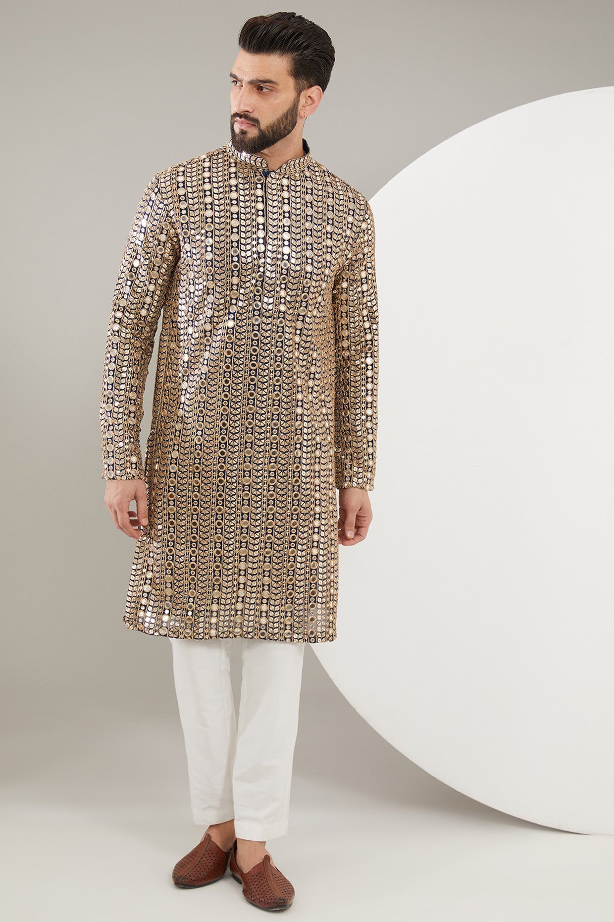 Navy Blue Mirrorwork Kurta for Women - Embroidered Indian Ethnic Tunic Top - Perfect for Festivals, Weddings & Casual Wear