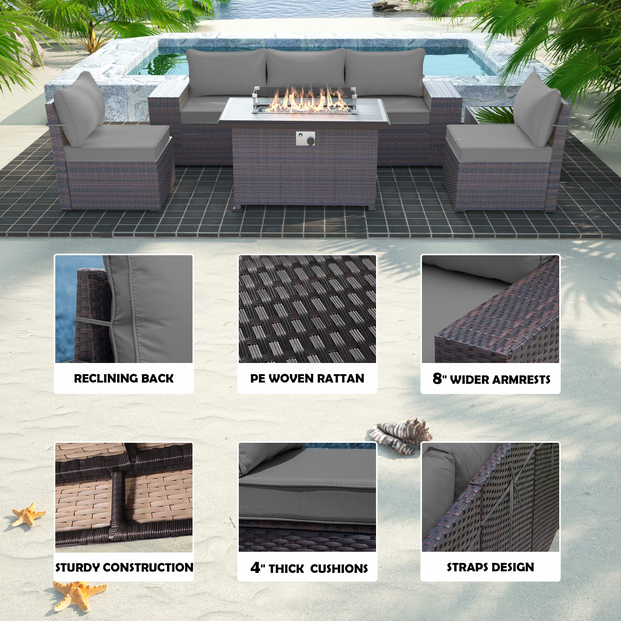 Gotland 7-Piece Outdoor Patio Furniture Set with 43-inch Gas Fire Pit Table - 55,000 BTU Auto-Ignition Sectional Sofa Set with Glass Wind Guard - Perfect for Backyard, Garden, and Poolside Relaxation