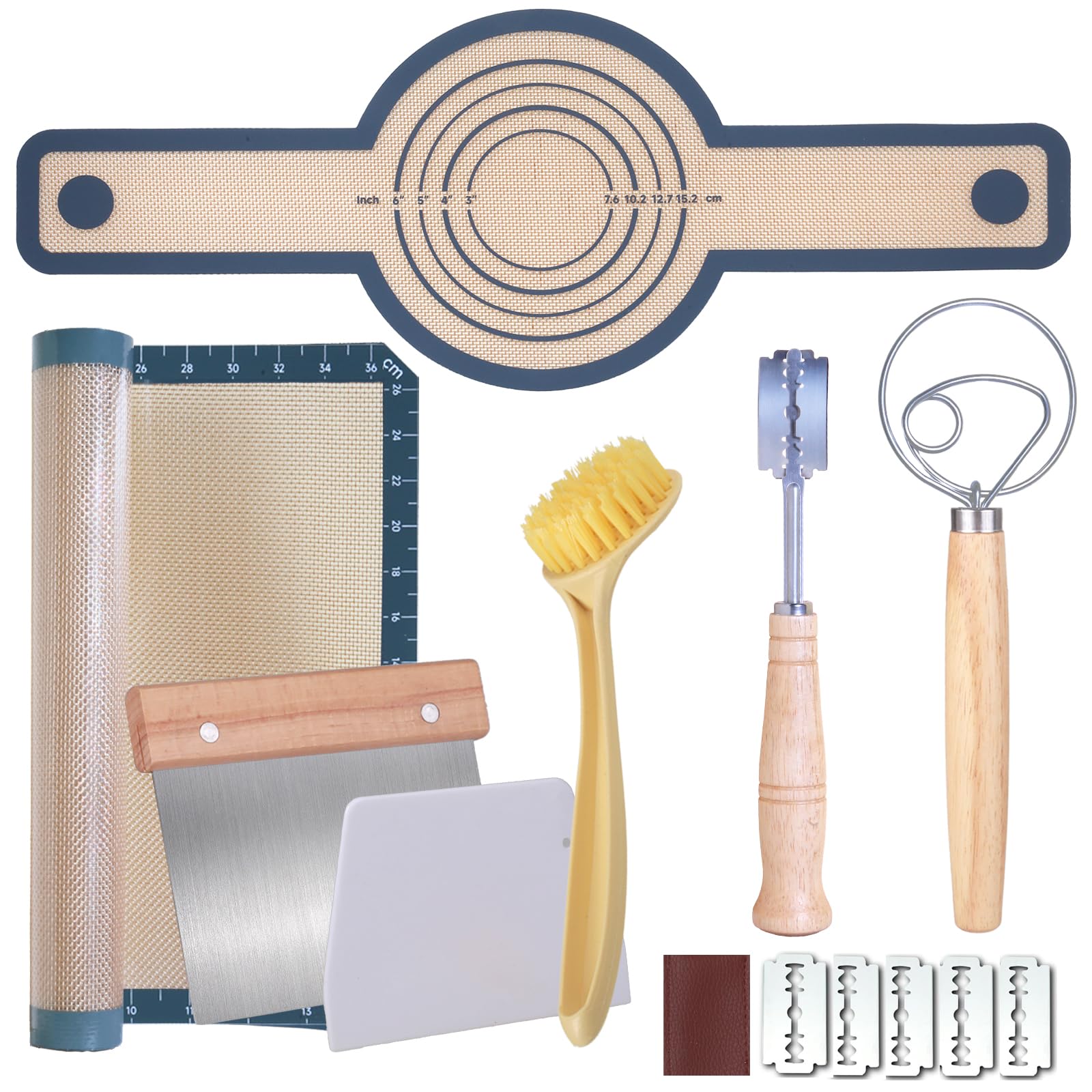 7-Piece Bread Making Kit - Silicone Pastry Mat, Round Baking Mat, Sourdough Danish Dough Whisk, Bread Lame Dough Scorer, Bread Scraper Dough Cutter - Perfect Baking Gift Set for Home Bakers & Bread Enthusiasts - Ideal for Artisan Bread, Pastry Making & Sourdough Baking