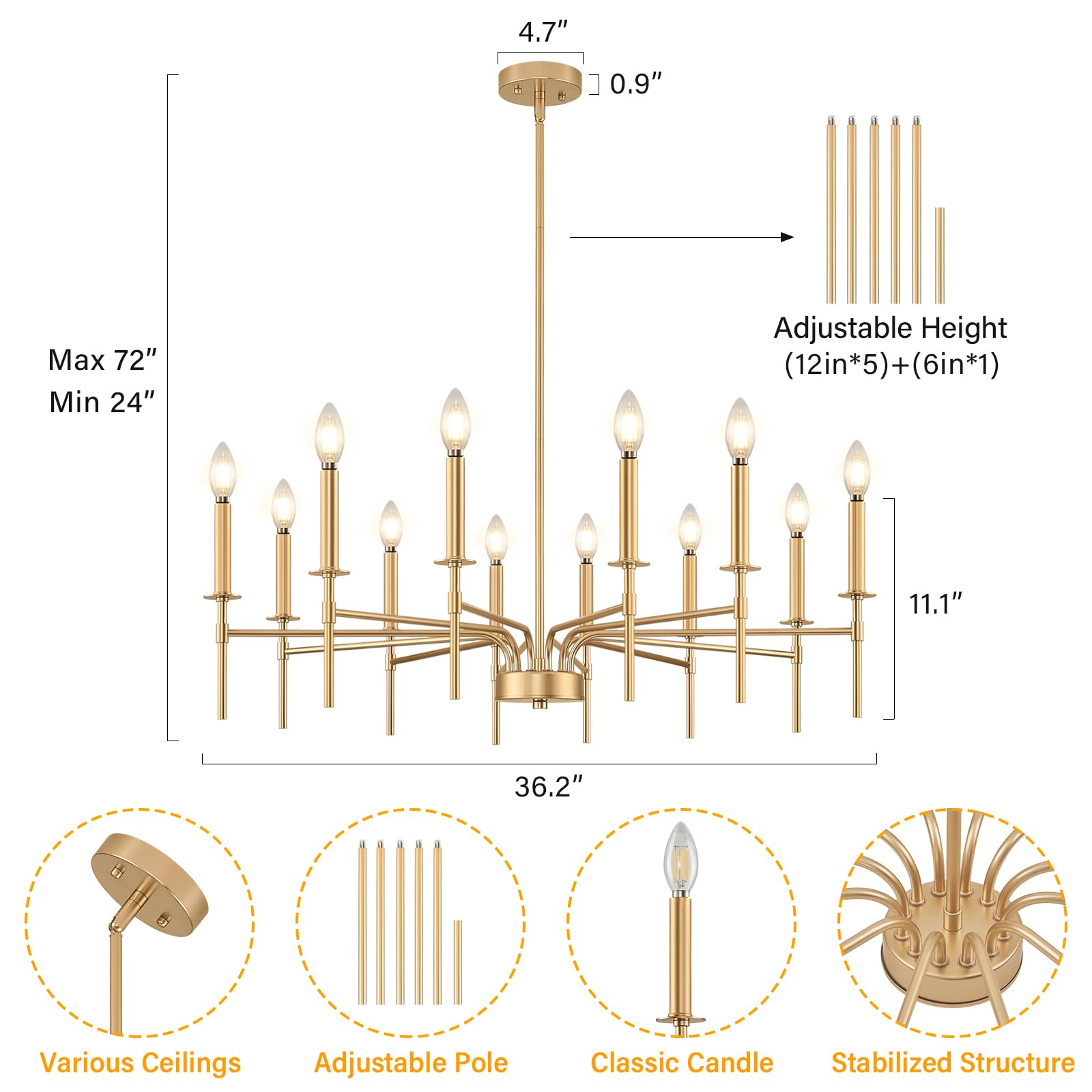 12-Light Gold Chandelier - Modern Farmhouse Dining Room Lighting Fixture with Metal Candle Pendant - Perfect for Foyer, Entryway, Stairs, Living Room, Bedroom & Kitchen Decor | Elegant Ceiling Light for Home & Wedding Venue Decoration