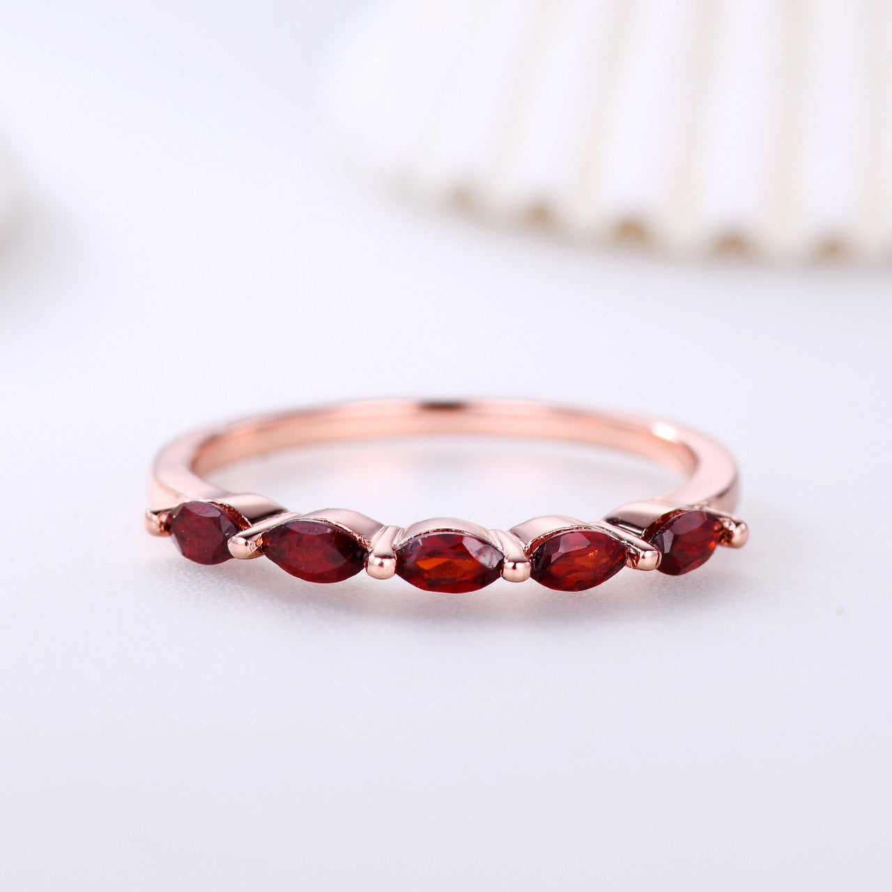 Marquise Shaped Garnet Wedding Band Rose Gold Engagement Ring - Matching Stacking Band for Women | Perfect for Bridal Sets, Anniversary Gifts & Everyday Elegance