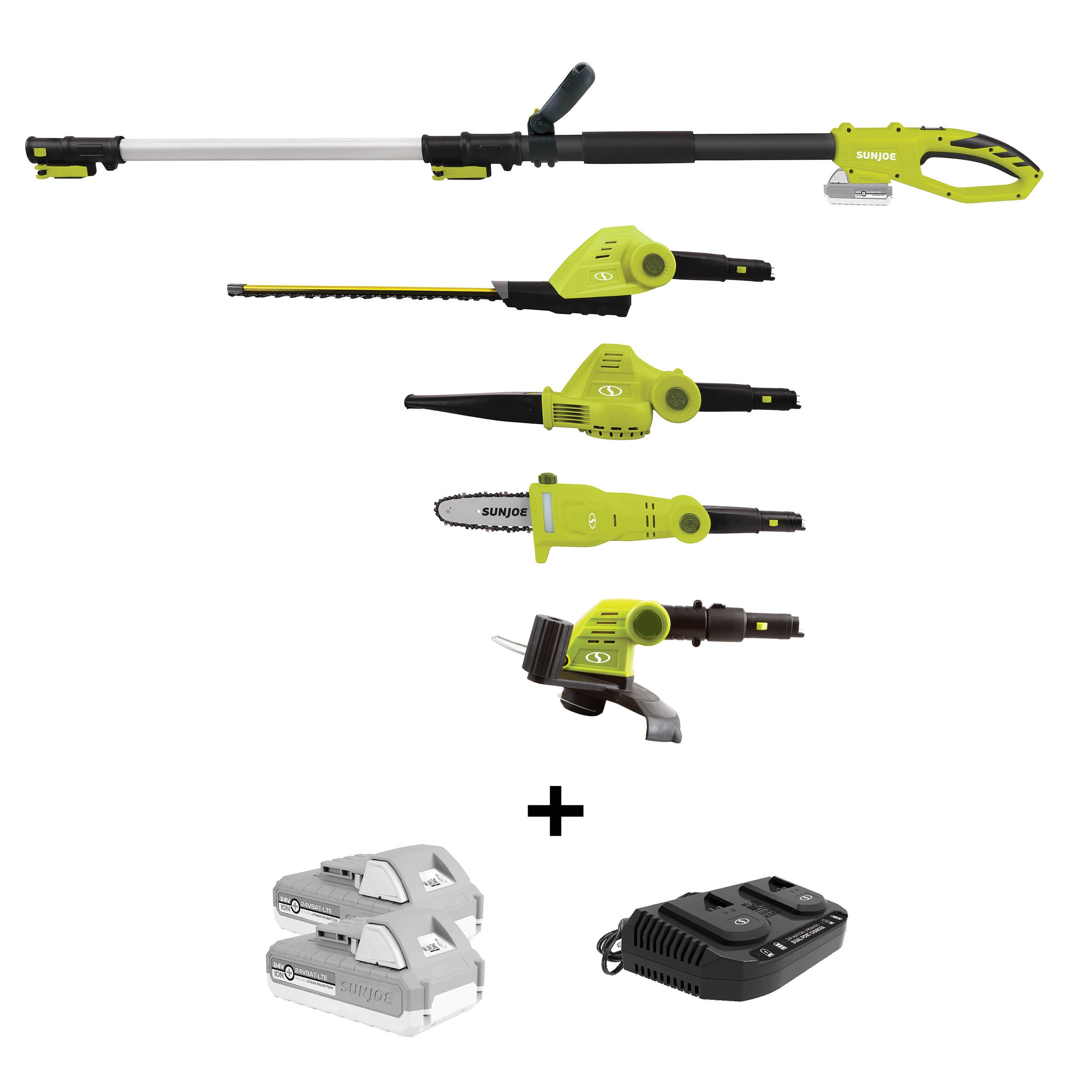 Sun Joe 24V MTWP4 LTE 24 Volt Cordless Interchangeable Multi-Tool Kit with Leaf Blower, Hedger, Trimmer & Chainsaw | Includes 2 x 2.0Ah Batteries & Charger | Perfect for Yard Work, Landscaping & Home Gardening