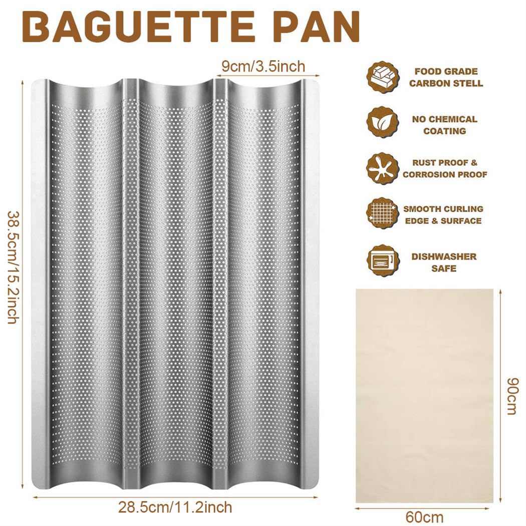 Nonstick Baguette Pan - 3 Loaves French Bread Baking Tray with Thick Proofing Cloth & Dough Couche - 15