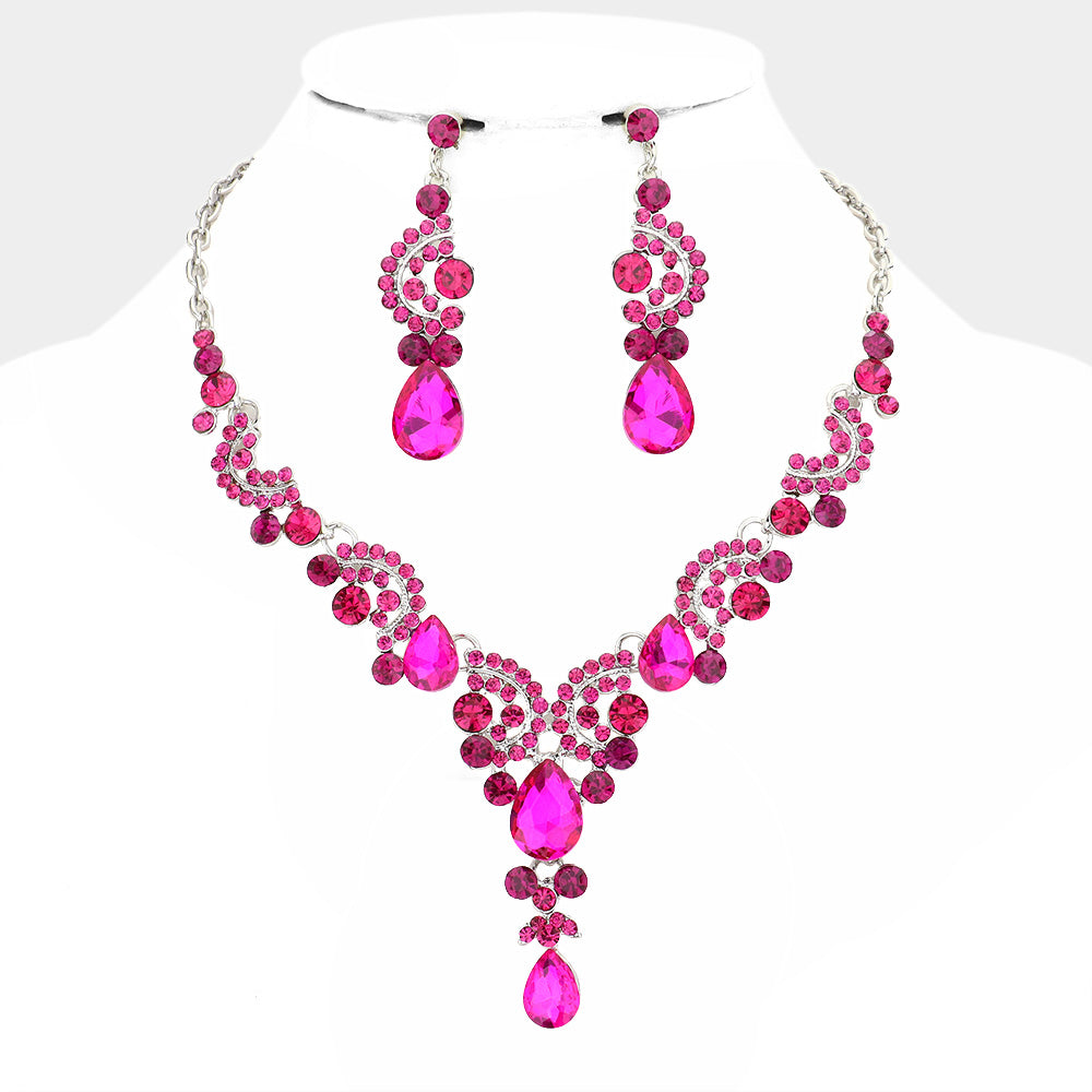 Fuchsia Teardrop Stone Prom Necklace Set - Elegant Statement Jewelry for Women | Perfect for Prom, Wedding & Evening Party Accessories
