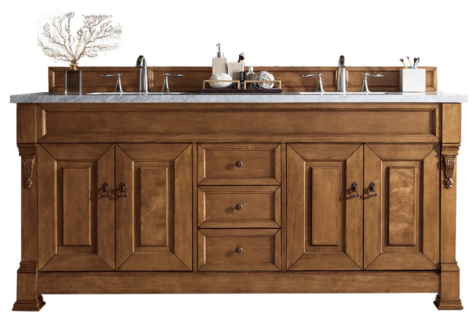 Brookfield 72-Inch Double Vanity with Country Oak Finish & 3CM Carrara Marble Top – Perfect for Master Bathroom & Luxury Home Renovation