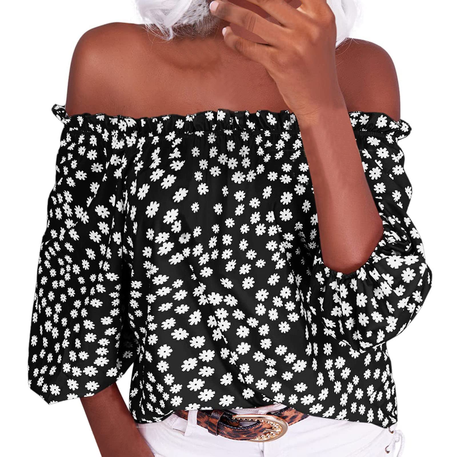 Floral Print Women's Chiffon Summer Blouse - Casual Short Sleeve Three-Quarter Shoulder Tops for Women | Perfect for Beach Outings, Date Nights & Summer Vacations