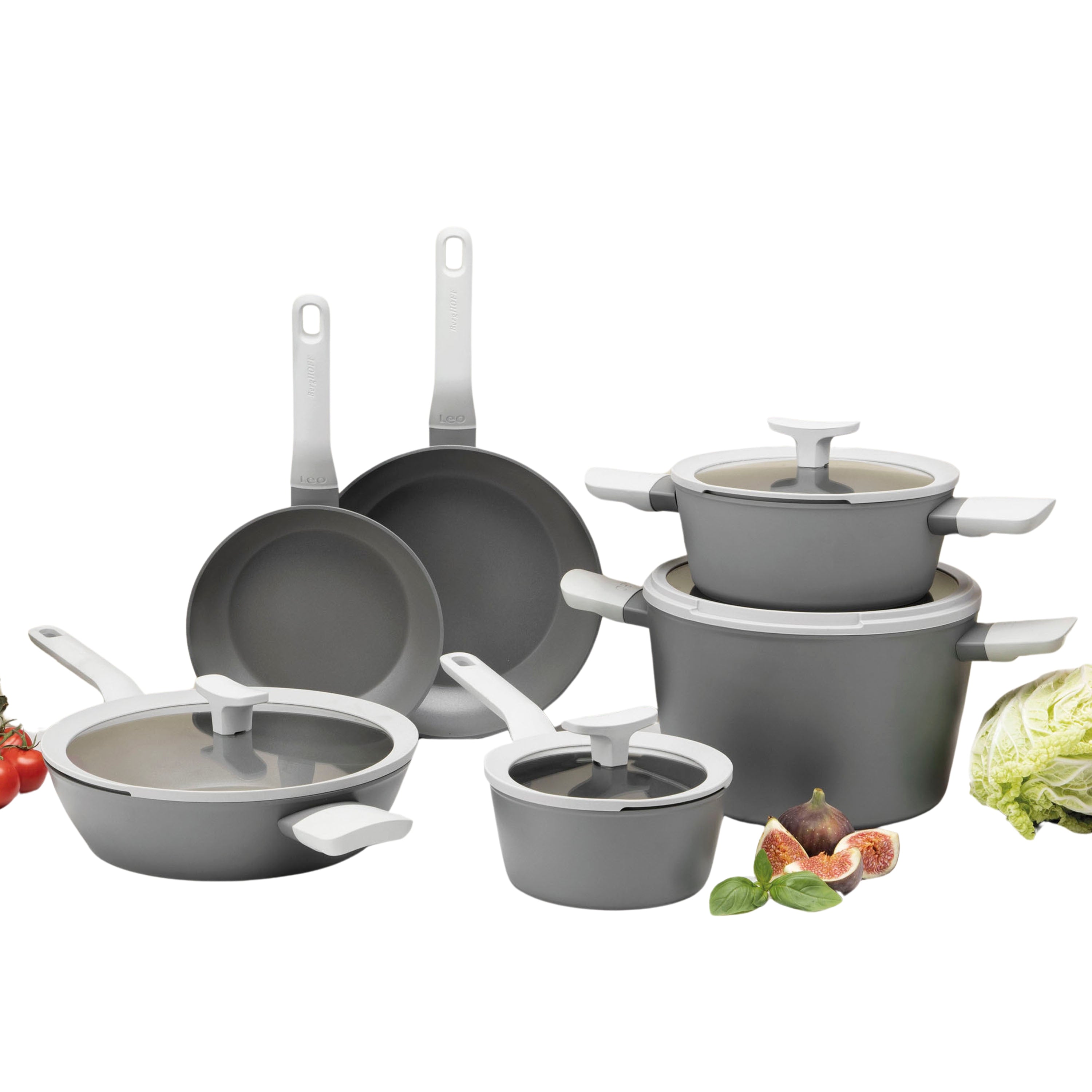 BergHOFF Leo 10-Piece Nonstick Ceramic Cookware Set with Glass Lid, Grey - Perfect for Healthy Cooking & Family Meals | Oven & Dishwasher Safe