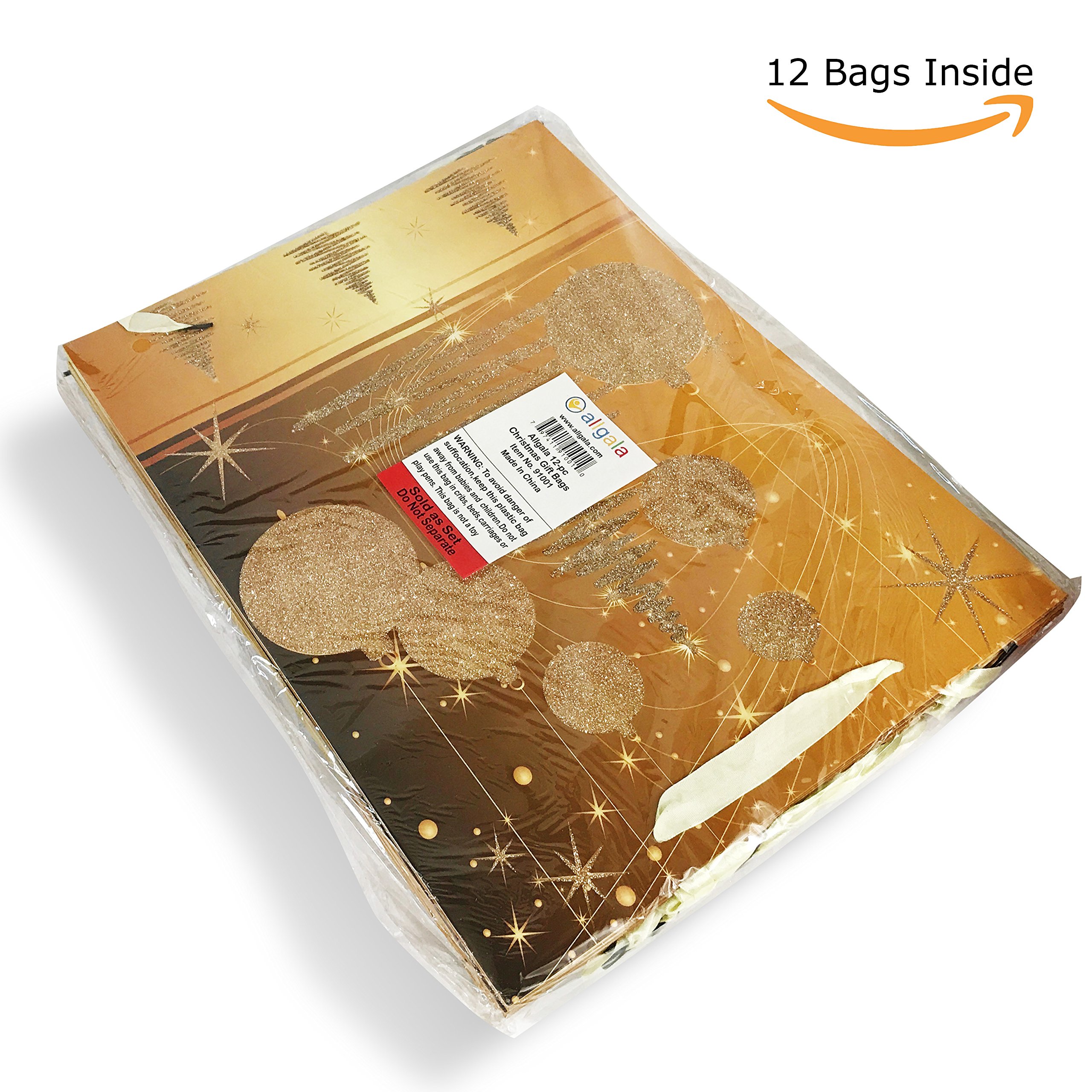 Premium Golden Christmas Printed Gift Bags - 12-Piece Set (17